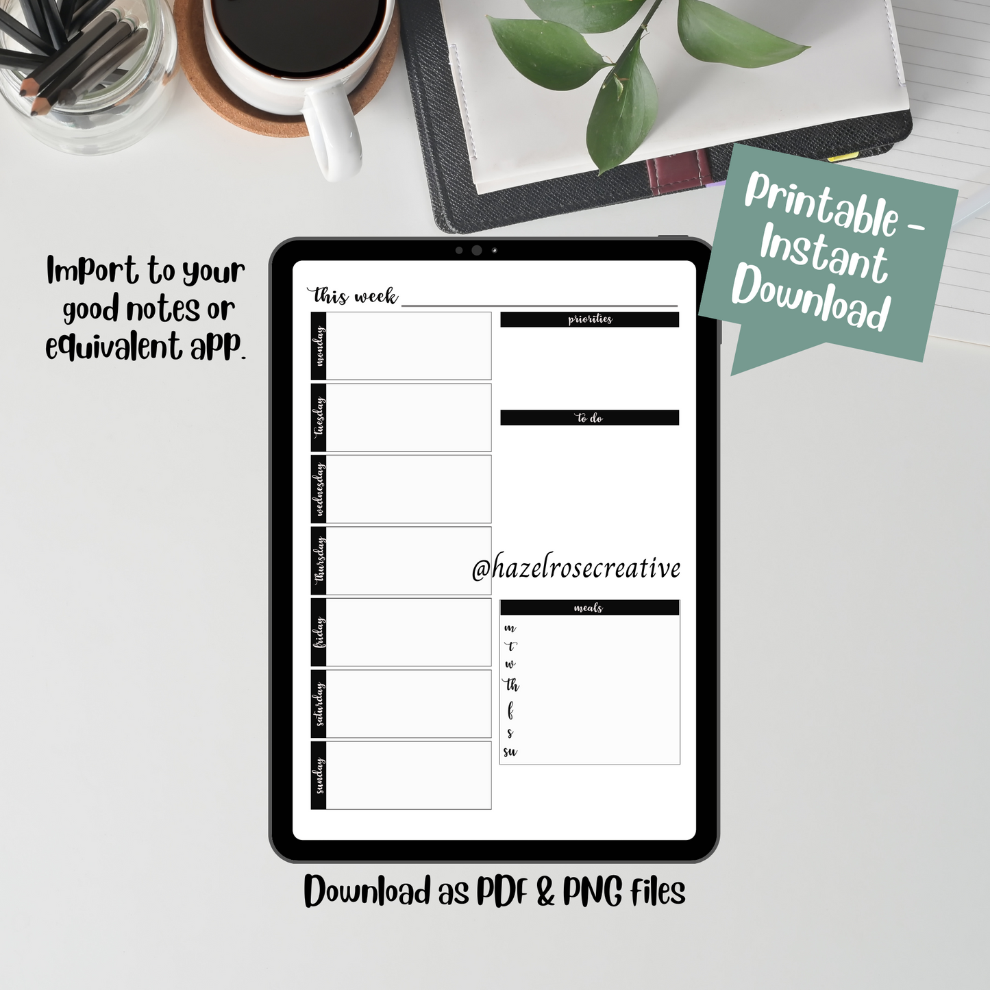 Weekly Planner Printable Page, A4 weekly planner page instant download, Monochrome template design, print at home, import to good notes