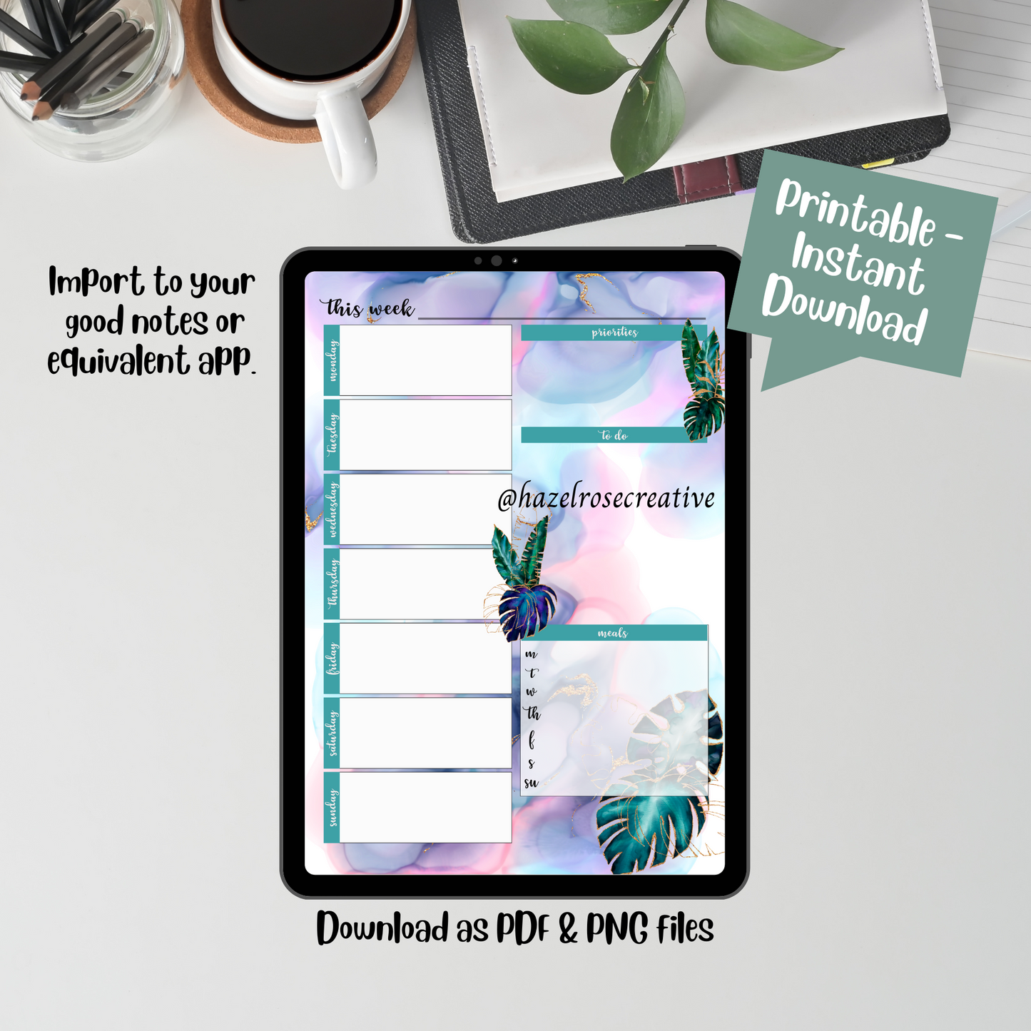 Weekly Planner Printable Page, A4 weekly planner page instant download, Tropical Fluid template design, print at home, import to good notes