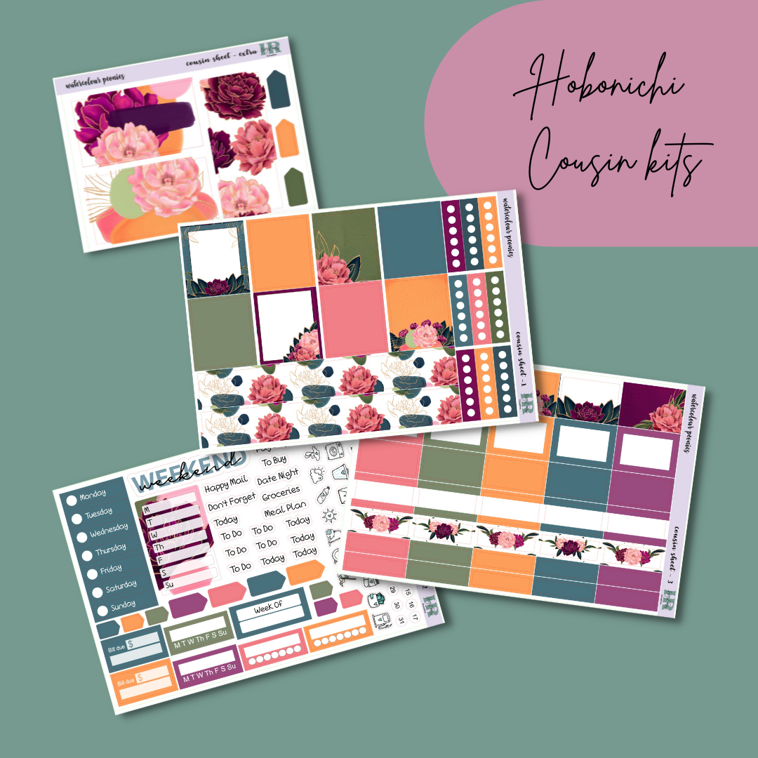 Watercolour Peonies - Hobonichi Cousin Weekly kit