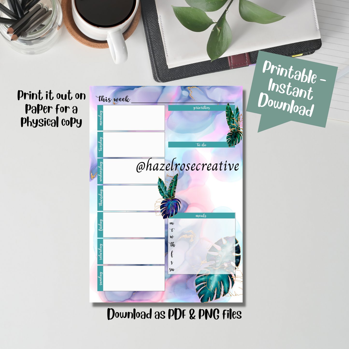 Weekly Planner Printable Page, A4 weekly planner page instant download, Tropical Fluid template design, print at home, import to good notes