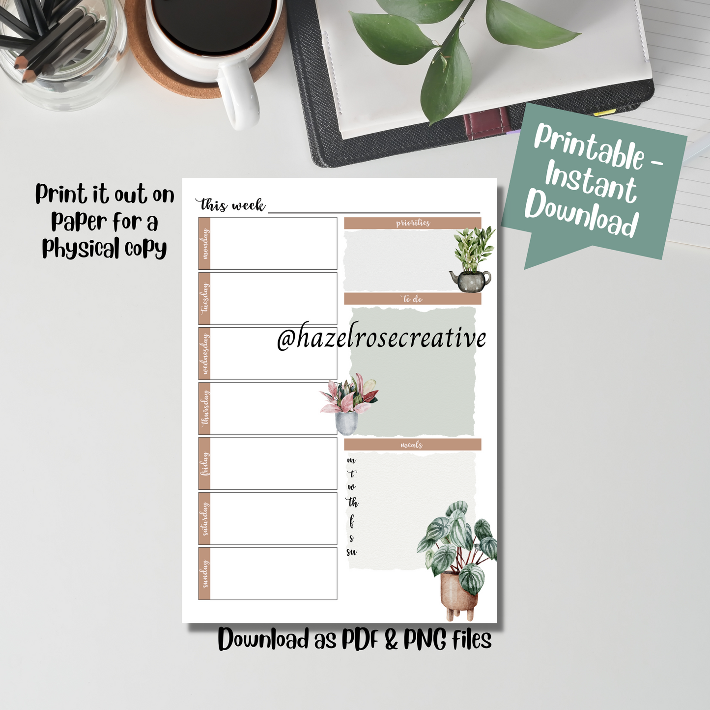 Weekly Planner Printable Page, A4 weekly planner page instant download, House Plants template design, print at home, import to good notes