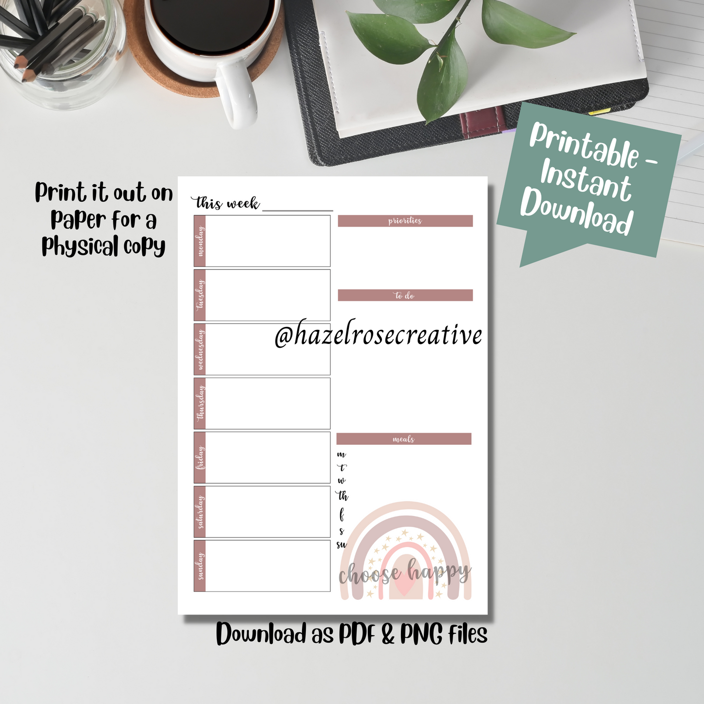Weekly Planner Printable Page, A4 weekly planner page instant download, Choose Happy template design, print at home, import to good notes