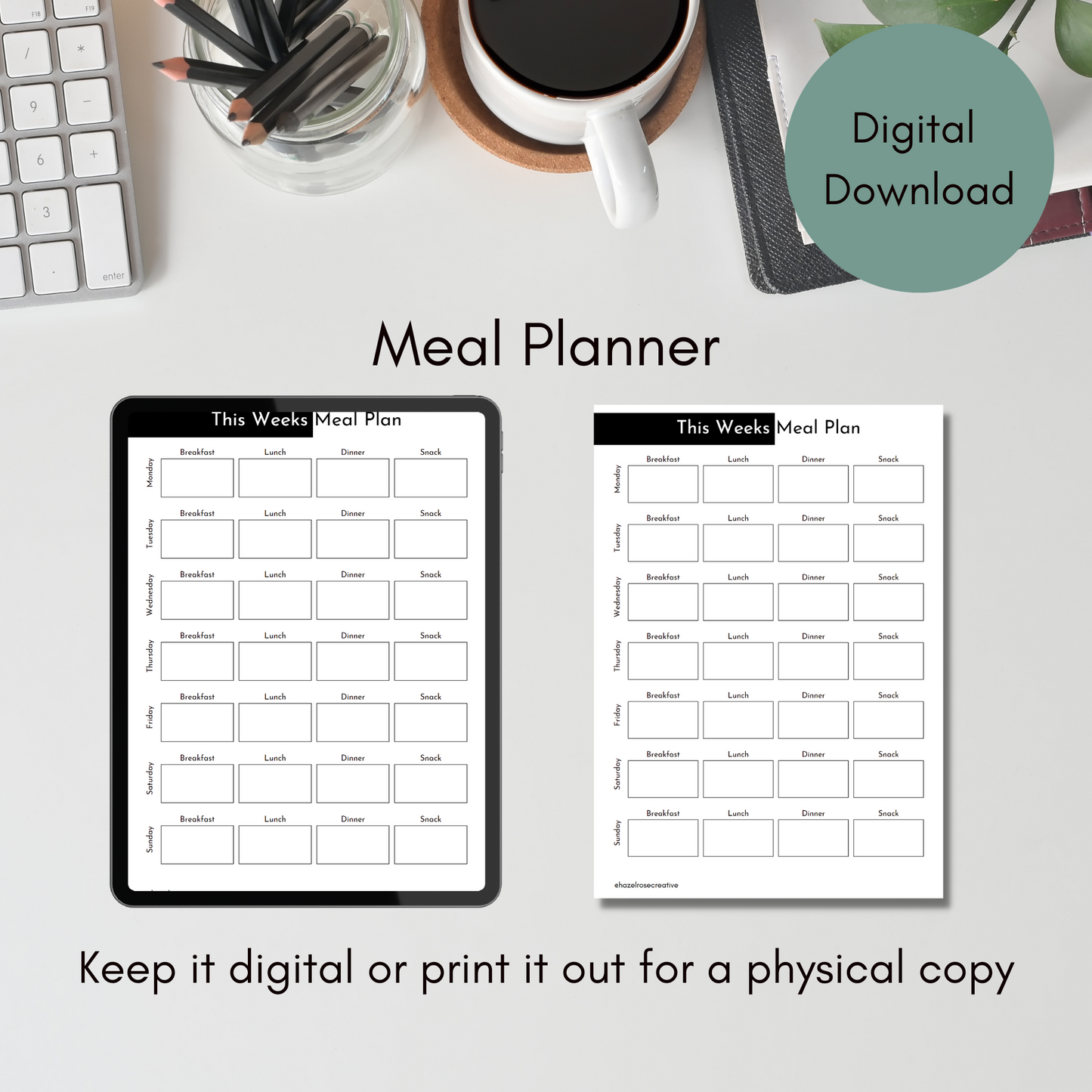Printable Weekly Meal planner & shopping list - digital download - printable planner - A4 size - Instant Download