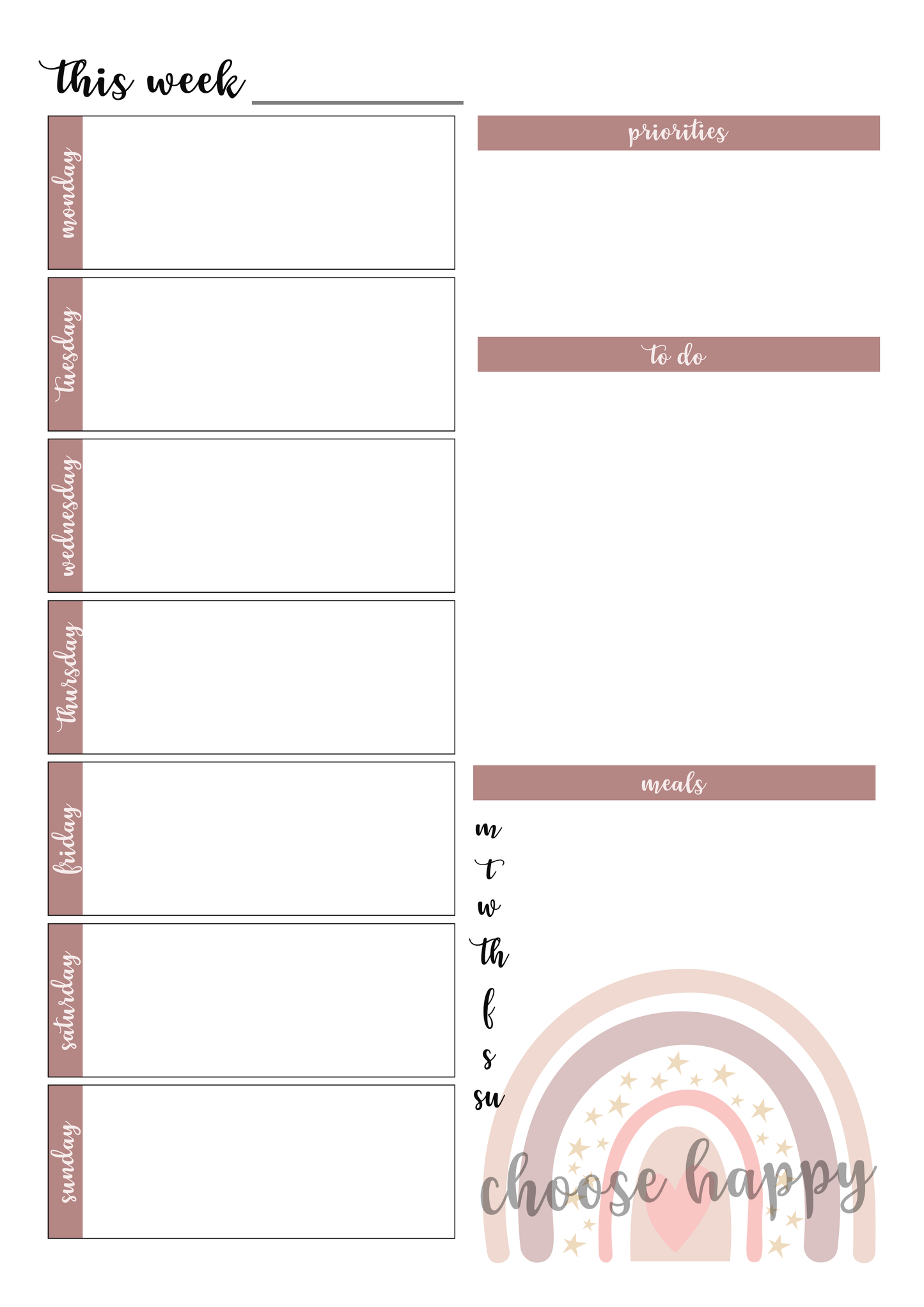 Weekly Planner Printable Page, A4 weekly planner page instant download, Choose Happy template design, print at home, import to good notes