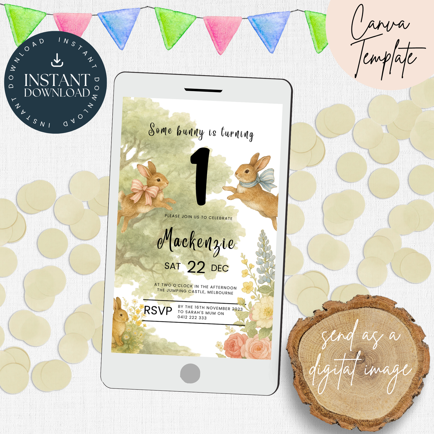 Some Bunny is turning 1 Invitation Template, first birthday invitation, Invitation Printable, Digital Invitation, Instant Download