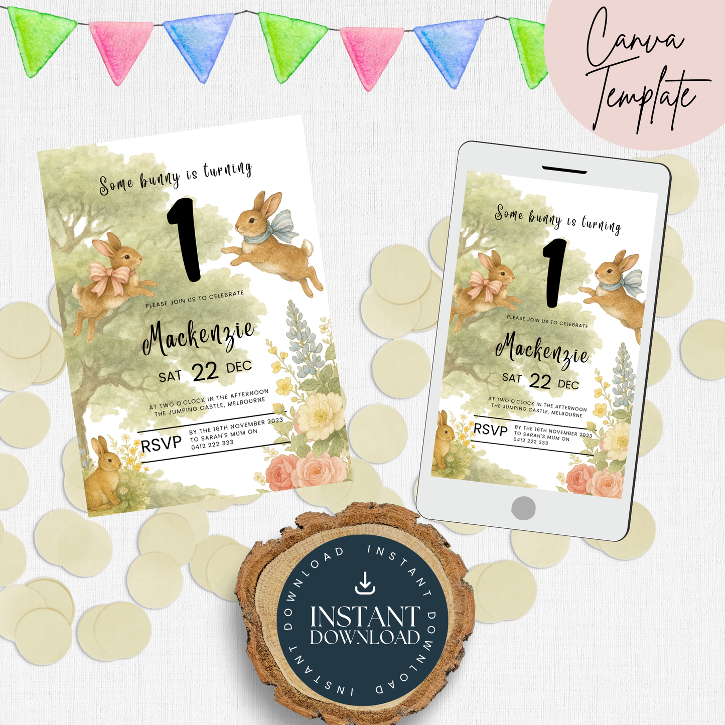 Some Bunny is turning 1 Invitation Template, first birthday invitation, Invitation Printable, Digital Invitation, Instant Download
