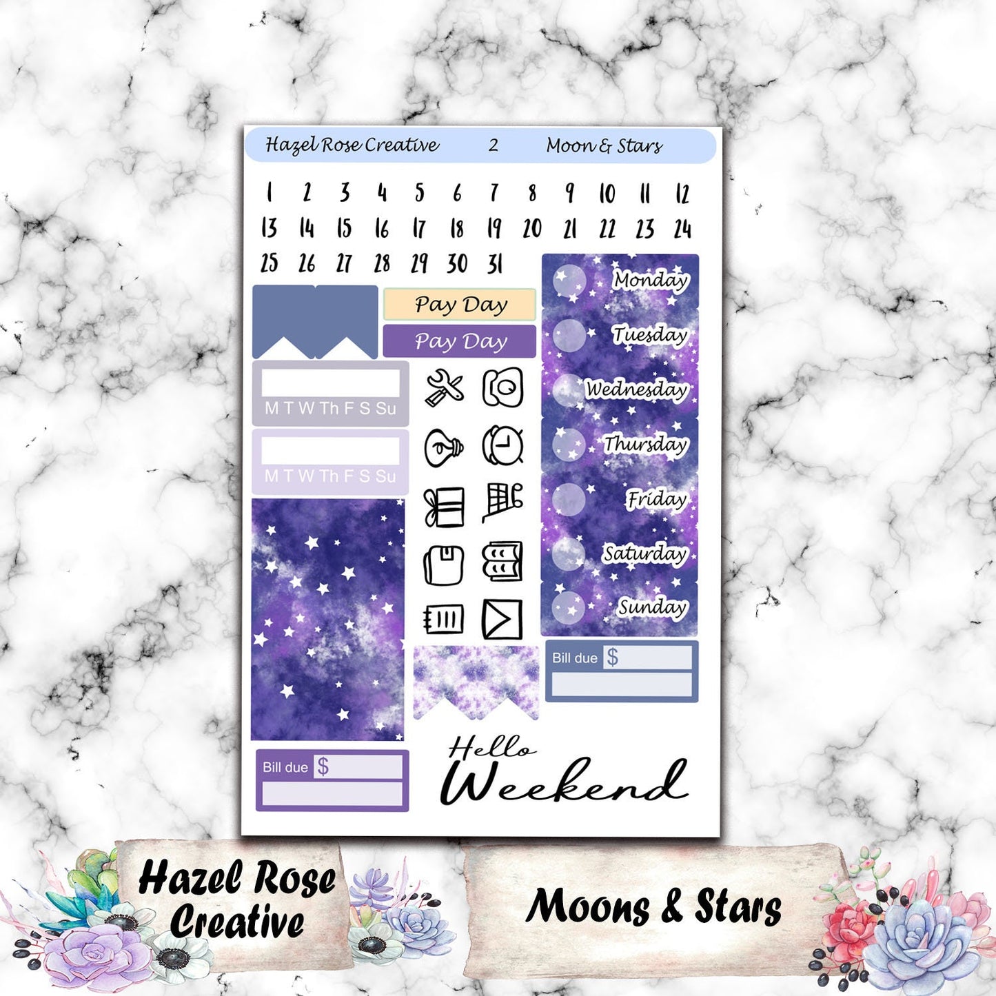 Vertical Weekly Sticker Kit - Moon & Stars