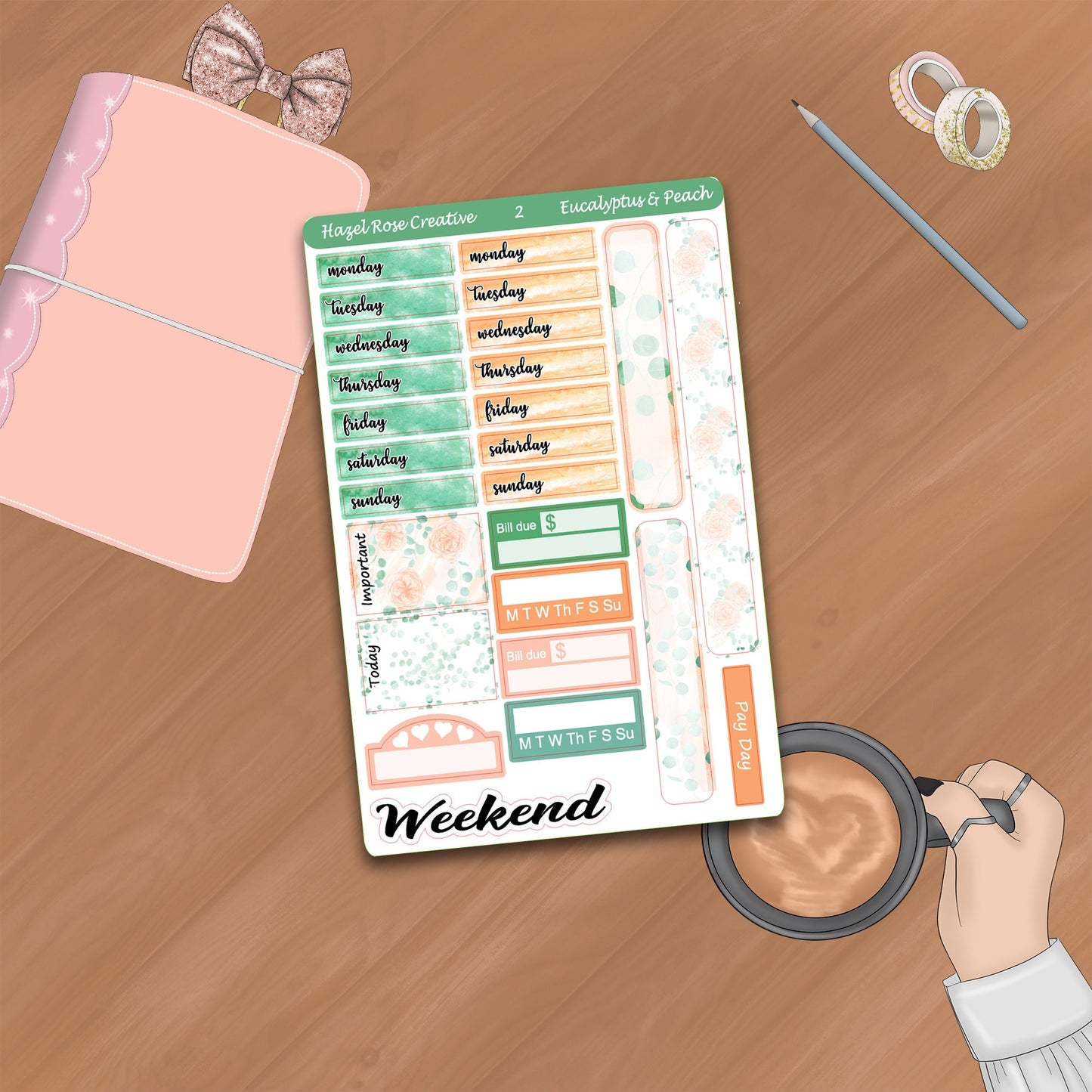 Vertical Weekly Sticker Kit - Eucalyptus & Peach