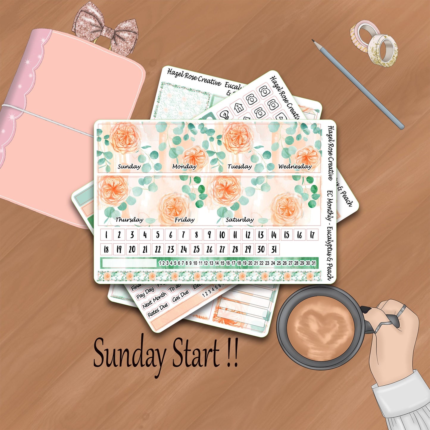 Monthly Kit Standard planner - Eucalyptus and Peach