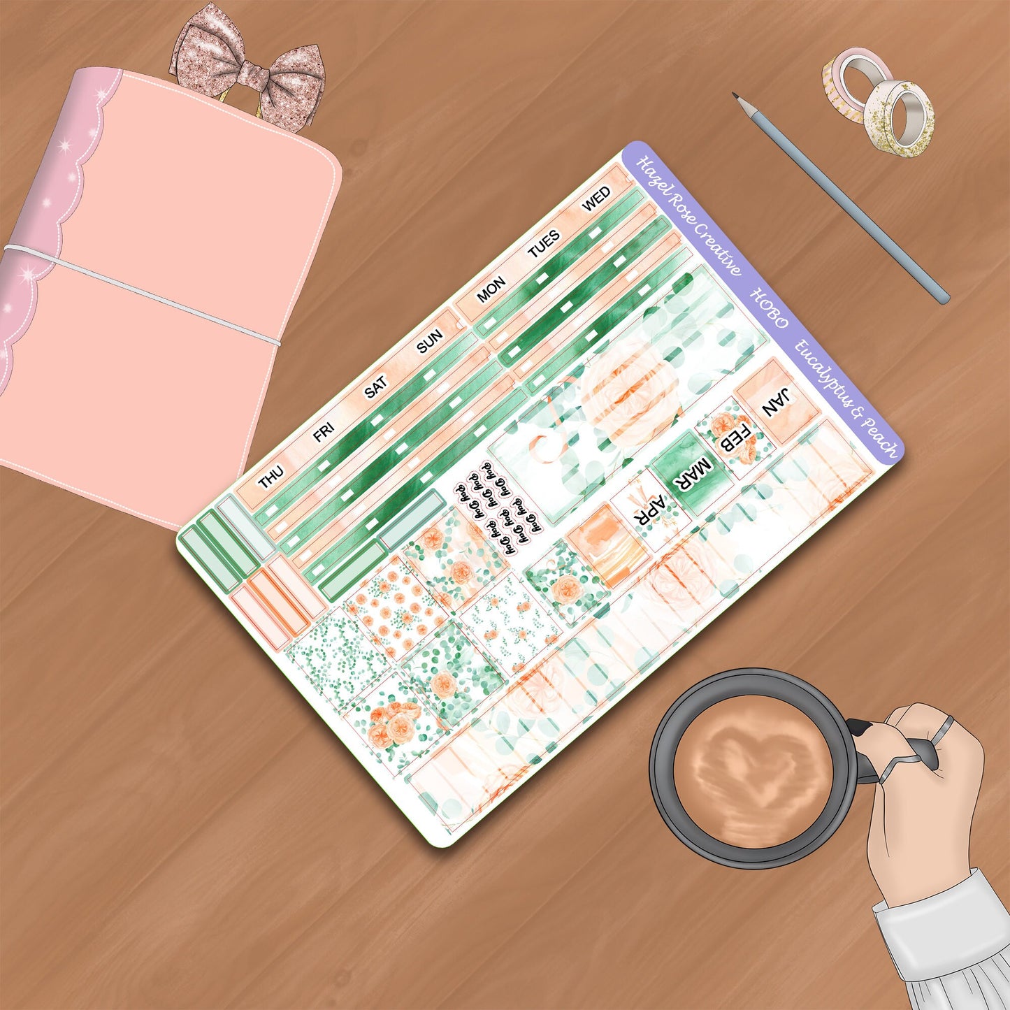 Hobo Weeks Monthly View Sticker Kit - Eucalyptus & Peach