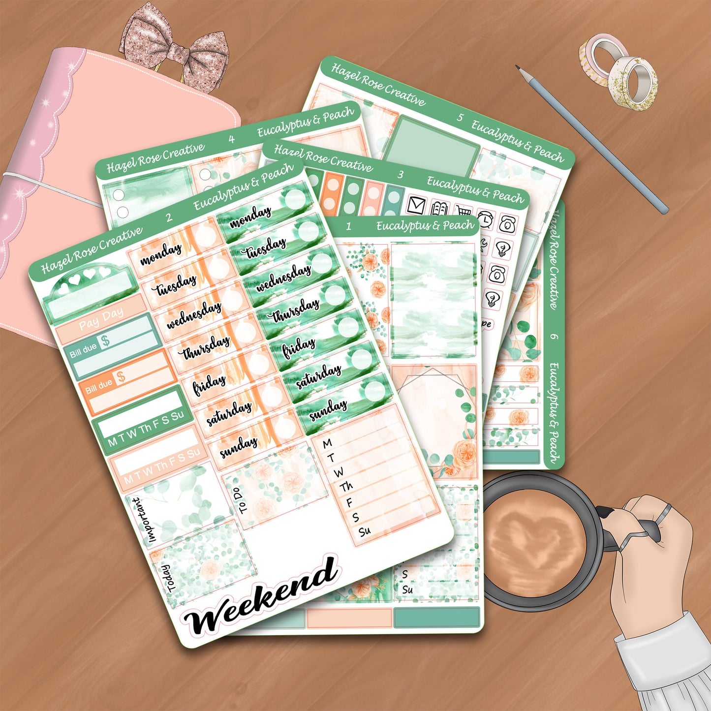 Vertical Weekly Sticker Kit - Eucalyptus & Peach