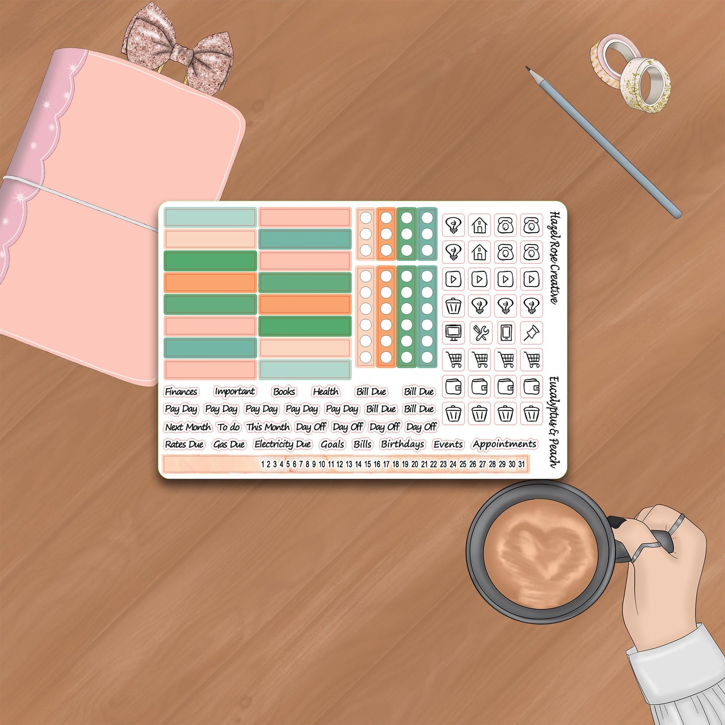 Monthly View Sticker Kit Whistle & Birch Planner- Eucalyptus and Peach