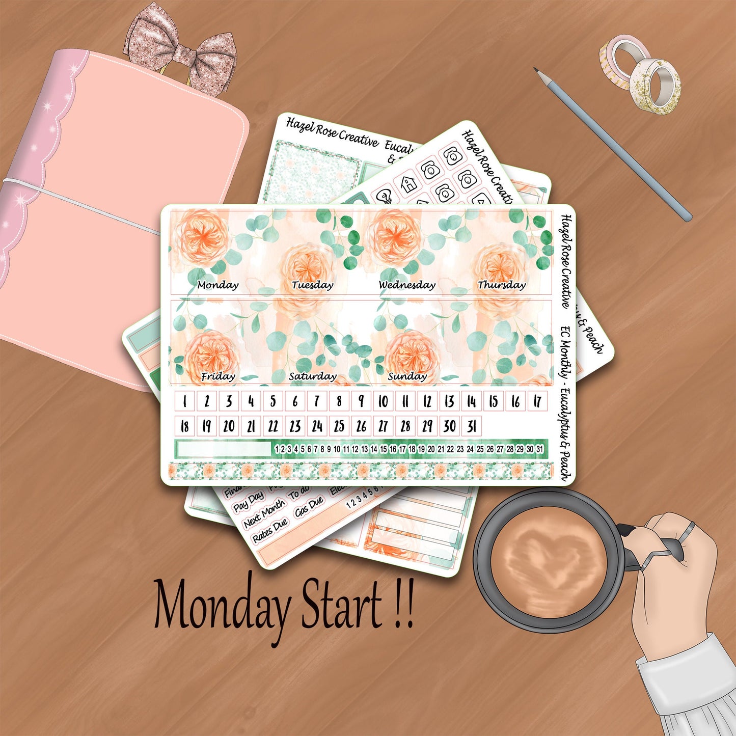 Monthly Kit Standard planner - Eucalyptus and Peach