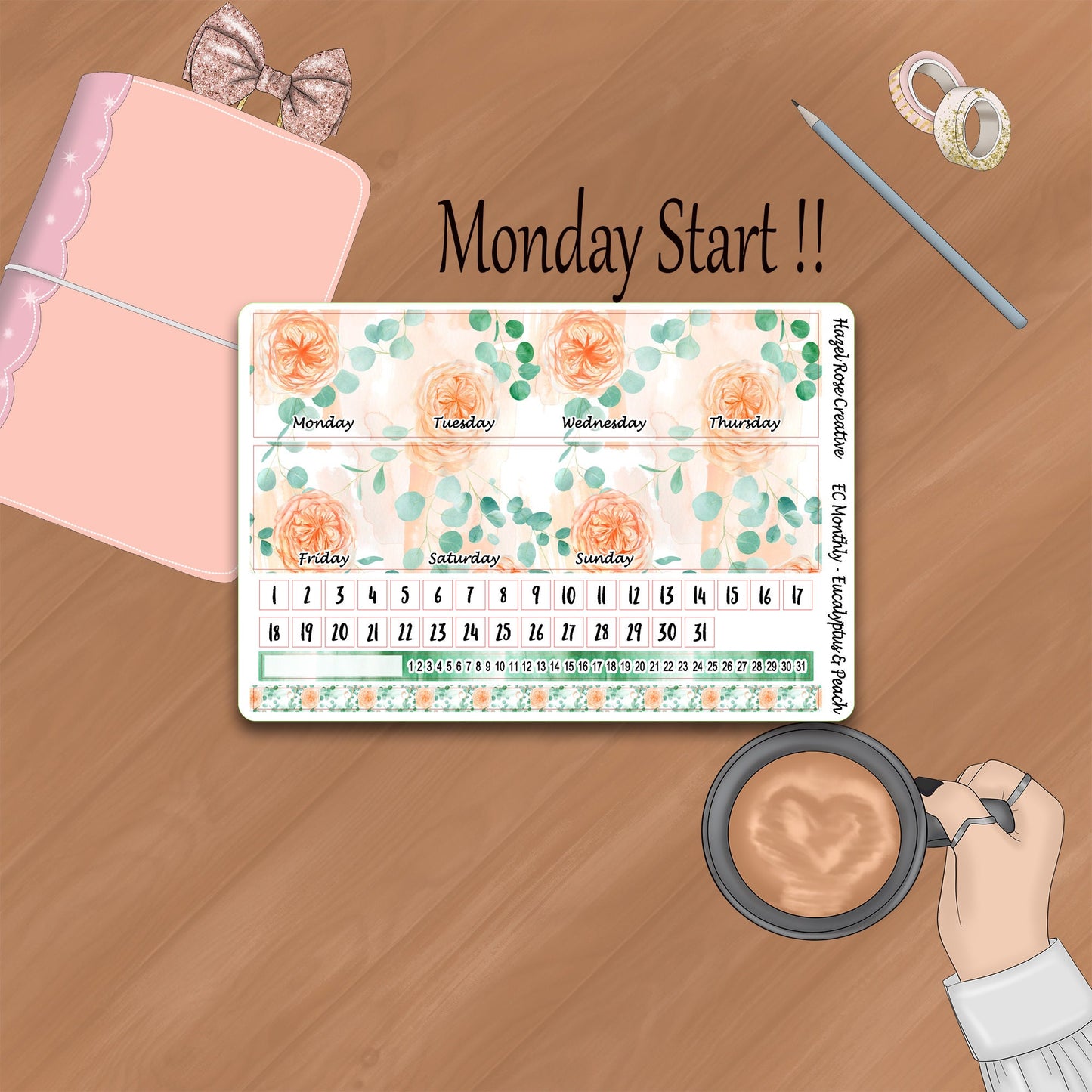 Monthly Kit Standard planner - Eucalyptus and Peach
