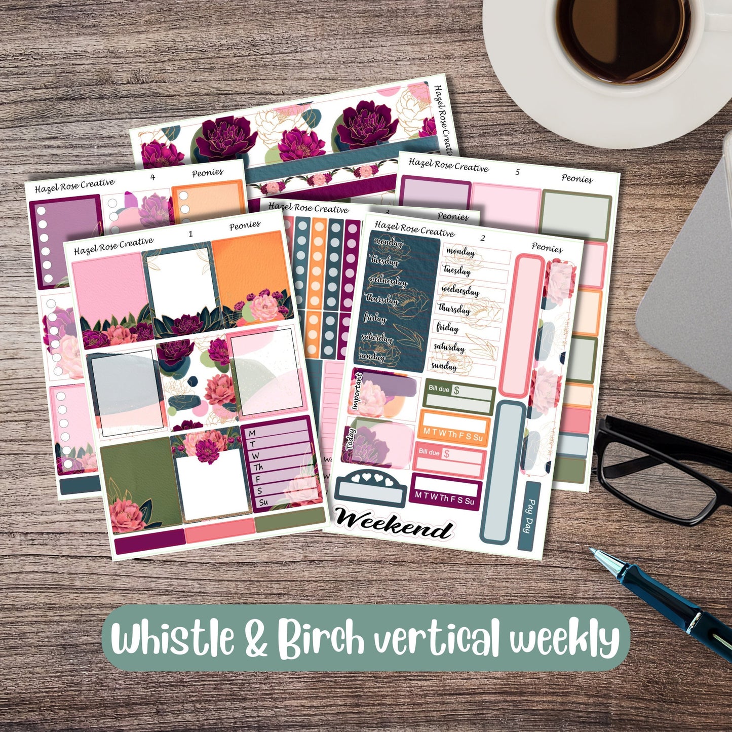 Vertical Weekly Sticker Kit - Peonies