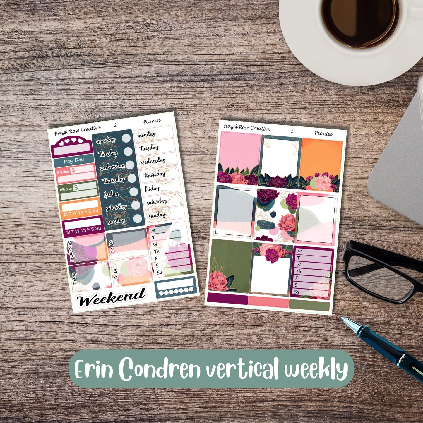 Vertical Weekly Sticker Kit - Peonies