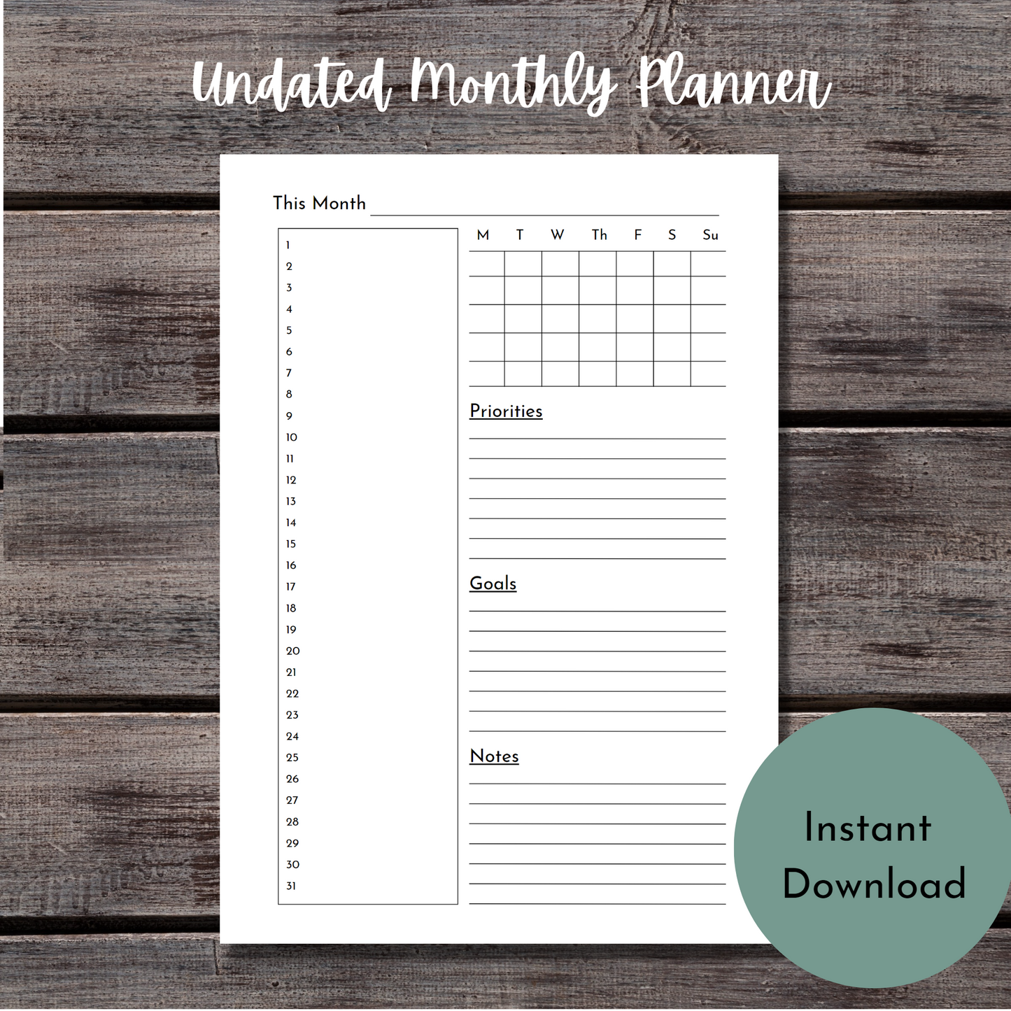 Undated Monthly Overview Planner - Printable overview on one page - Goodnotes planner - Planner Inserts - A4 - A5 - Mini Happy Planner - B6