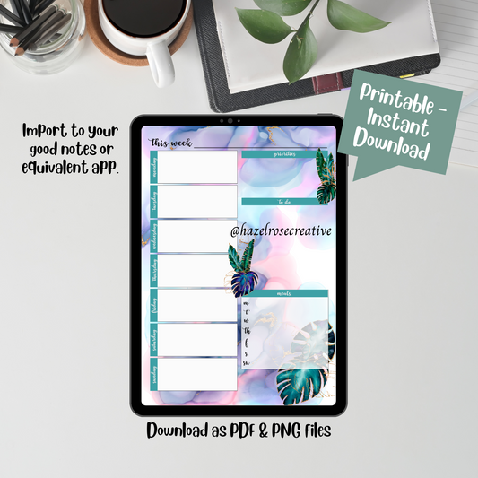Weekly Planner Printable Page, A4 weekly planner page instant download, Tropical Fluid template design, print at home, import to good notes