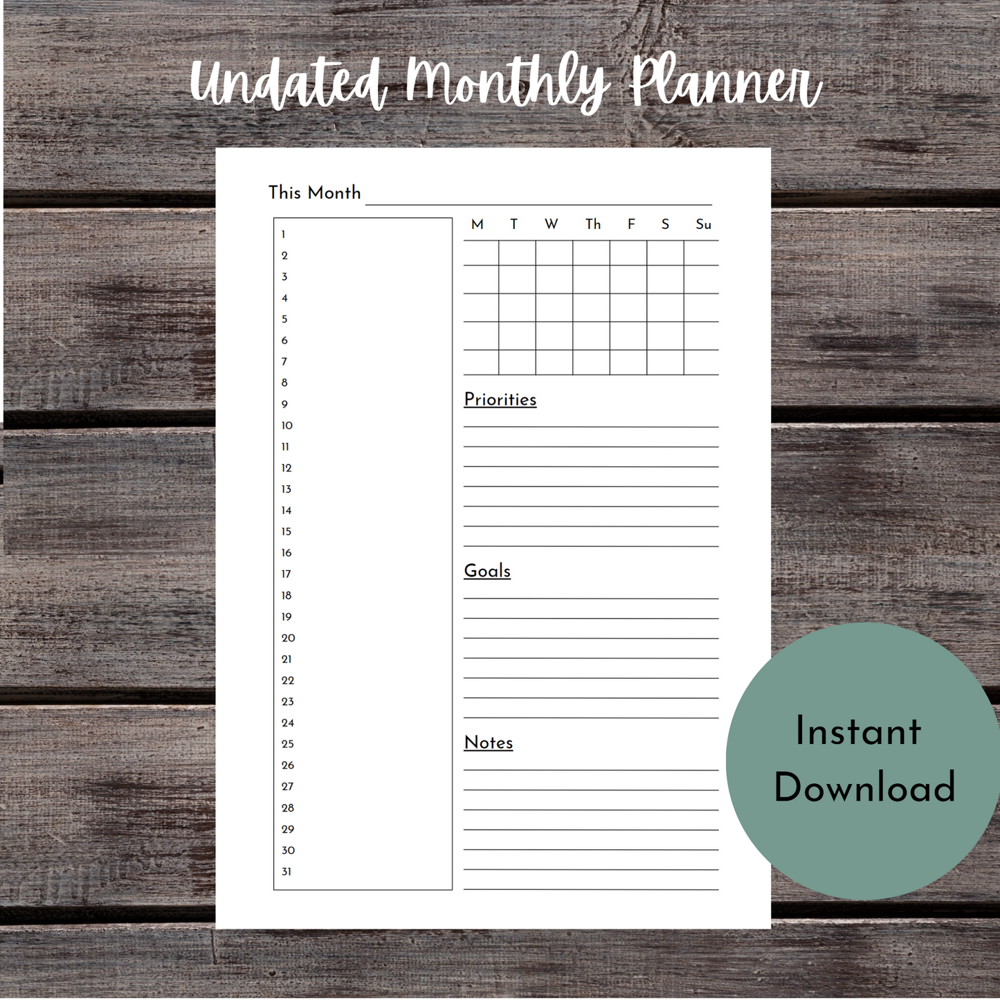 Undated Monthly Overview Planner - Printable overview on one page - Goodnotes planner - Planner Inserts - A4 - A5 - Mini Happy Planner - B6