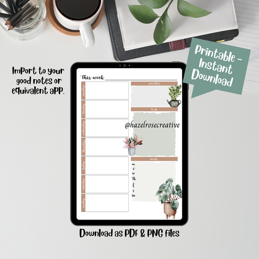 Weekly Planner Printable Page, A4 weekly planner page instant download, House Plants template design, print at home, import to good notes