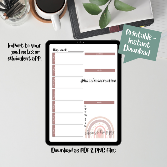 Weekly Planner Printable Page, A4 weekly planner page instant download, Choose Happy template design, print at home, import to good notes