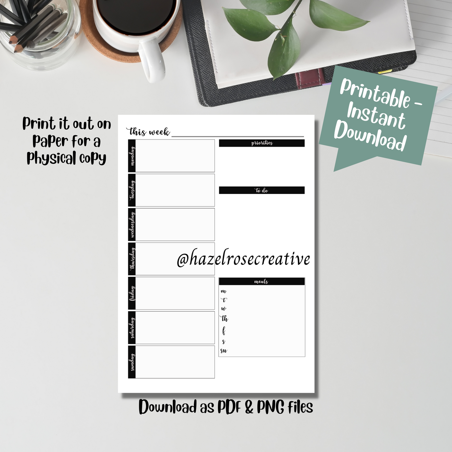 Weekly Planner Printable Page, A4 weekly planner page instant download, Monochrome template design, print at home, import to good notes