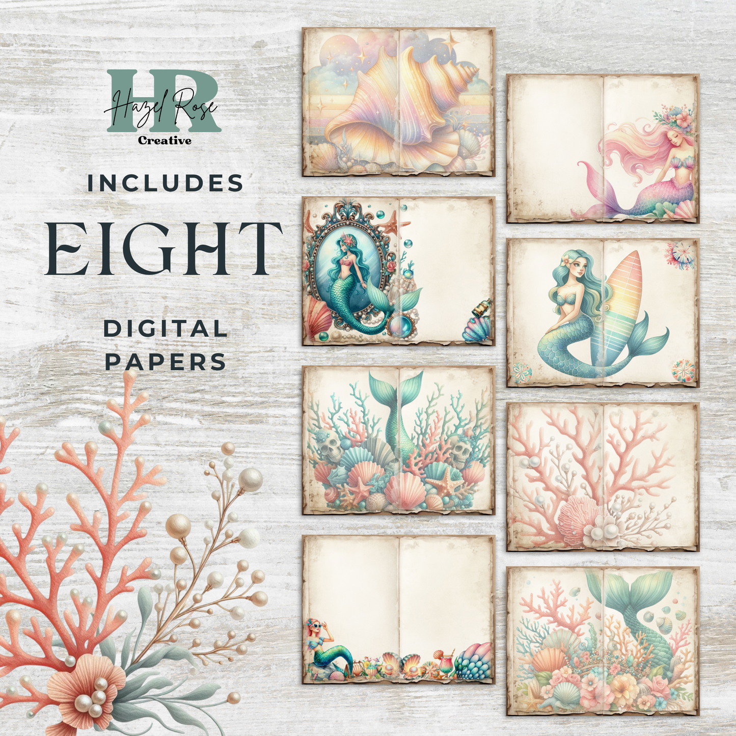 Mermaid Summer Junk Journal Digital Paper, Digital Journal Pages, Printable Ephemera, Paper Craft, Collage Sheet 11 x 8.5