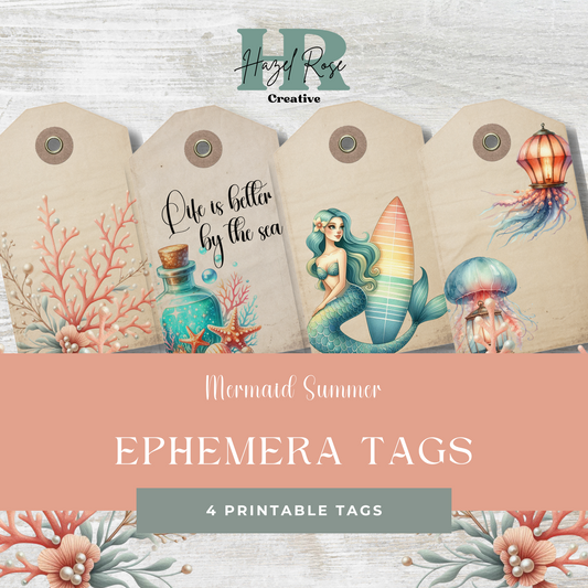 Mermaid Summer Junk Journal Tags, Extras Pack, Digital, Printable Ephemera, Paper Craft, Collage Sheet 11 x 8.5