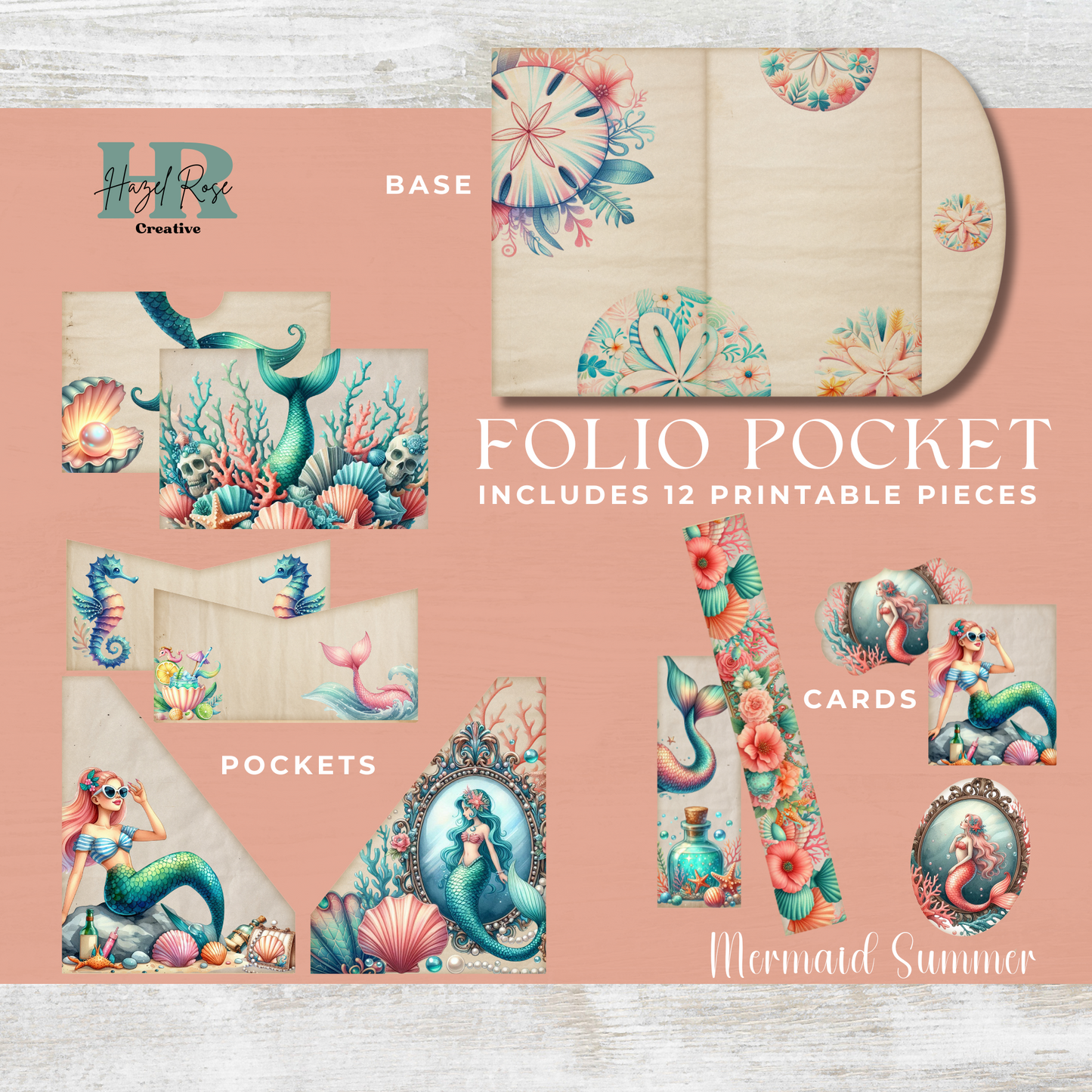 Mermaid Summer Junk Journal Folio Pocket, Mix and Match collection, Digital, Printable Ephemera, Paper Craft, Collage Sheet 11 x 8.5