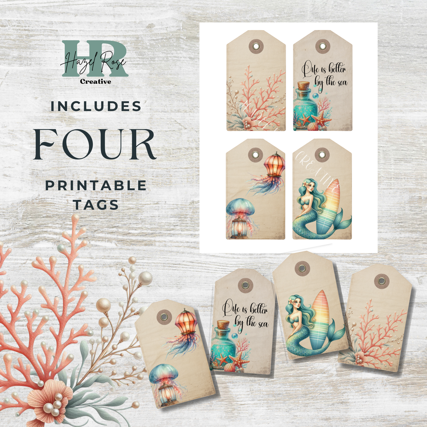 Mermaid Summer Junk Journal Tags, Extras Pack, Digital, Printable Ephemera, Paper Craft, Collage Sheet 11 x 8.5