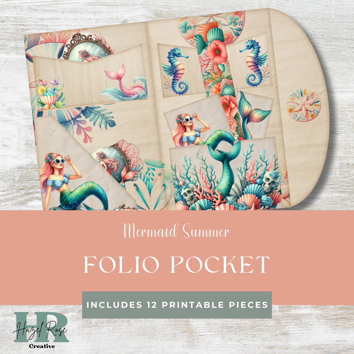 Mermaid Summer Junk Journal Folio Pocket, Mix and Match collection, Digital, Printable Ephemera, Paper Craft, Collage Sheet 11 x 8.5