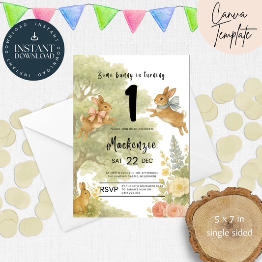 Some Bunny is turning 1 Invitation Template, first birthday invitation, Invitation Printable, Digital Invitation, Instant Download
